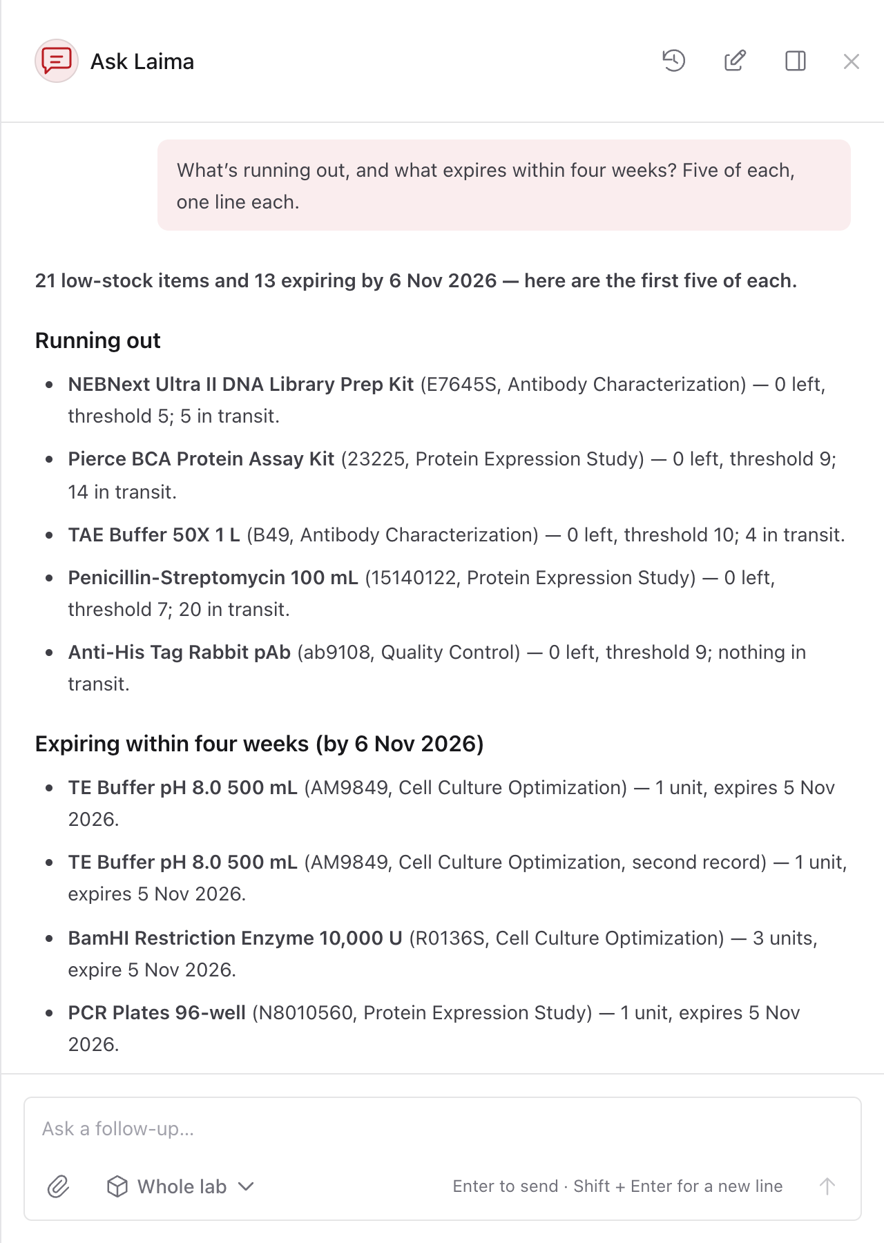 Ask Laima listing five items that are running out and five that expire within four weeks, each with its catalog number and project