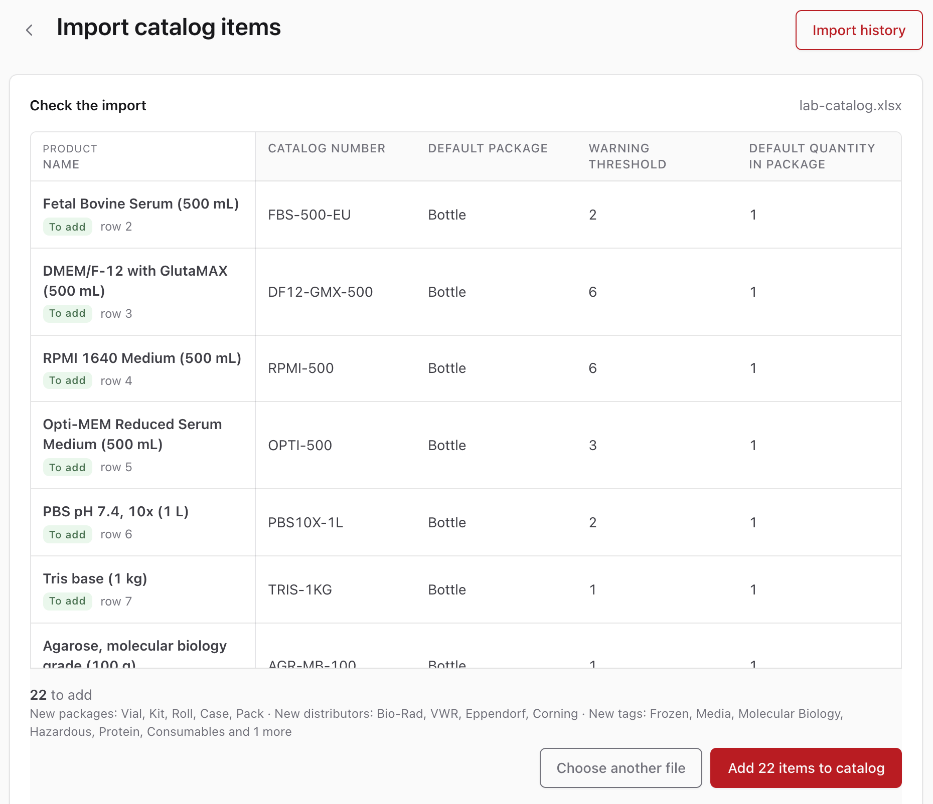 Import preview for lab-catalog.xlsx with the catalog number and package of each product, and a summary of 22 items to add with new packages, distributors, and tags
