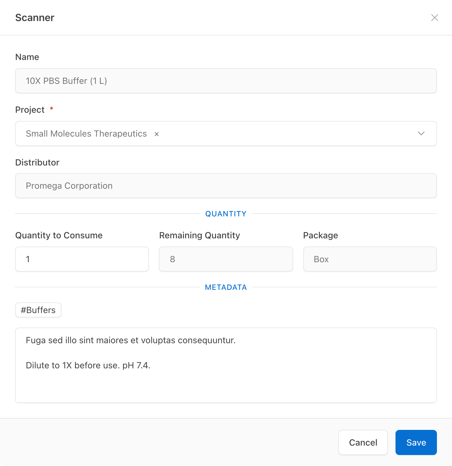 Scanner consumption form for 10X PBS Buffer with project and remaining quantity