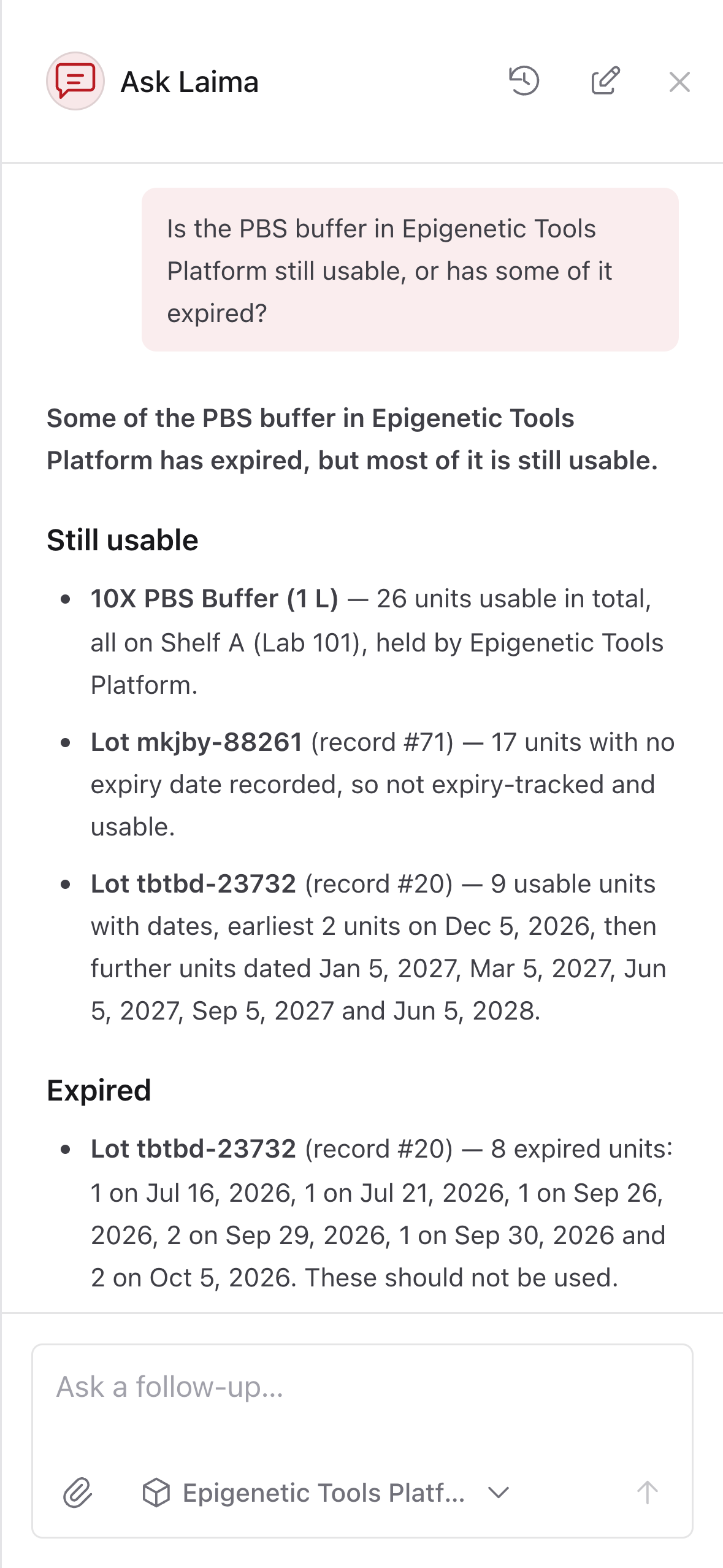 Ask Laima on a phone listing a project’s usable and expired PBS buffer stock, with the follow-up box below