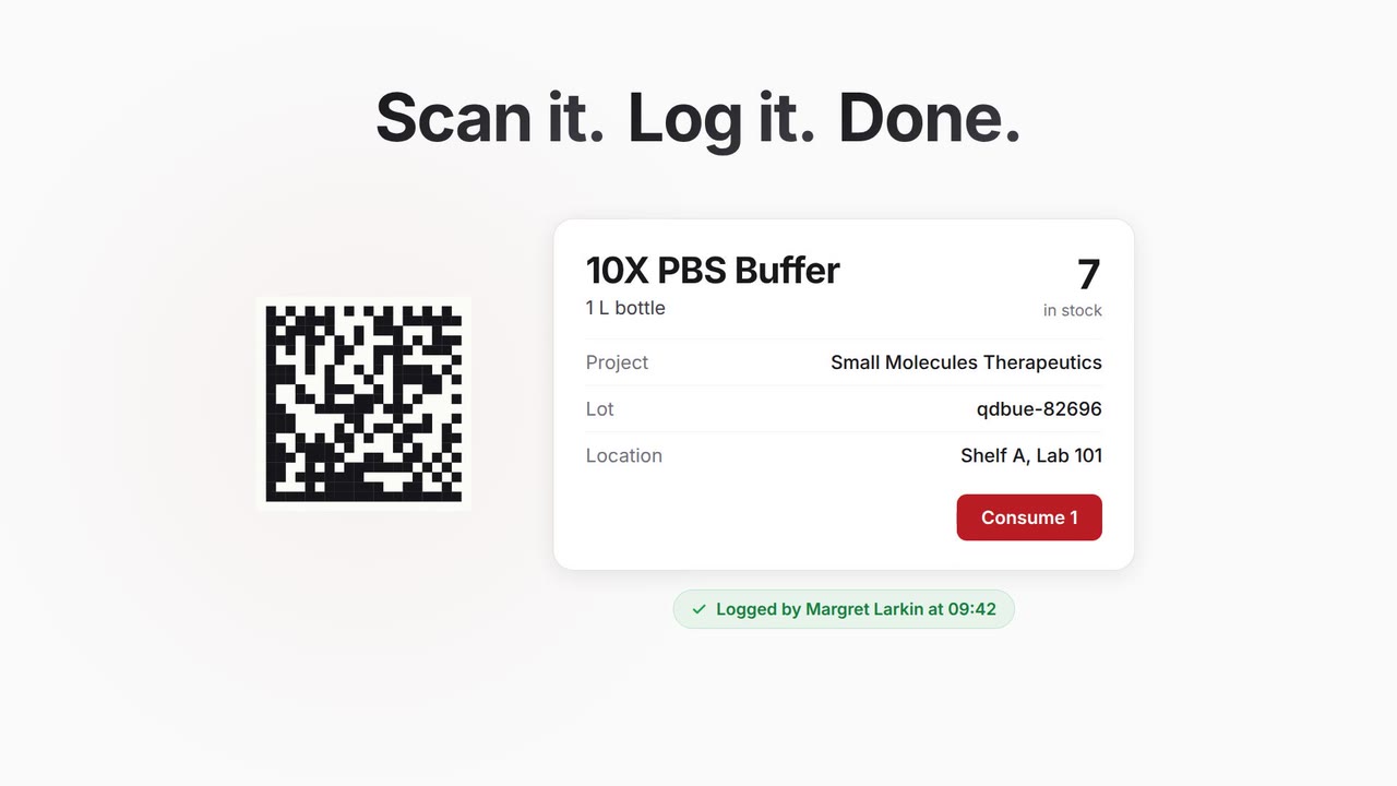 LAIMA in 36 seconds: scan a label, log consumption, catch expiring stock, and see spending and audit history. Free for labs.